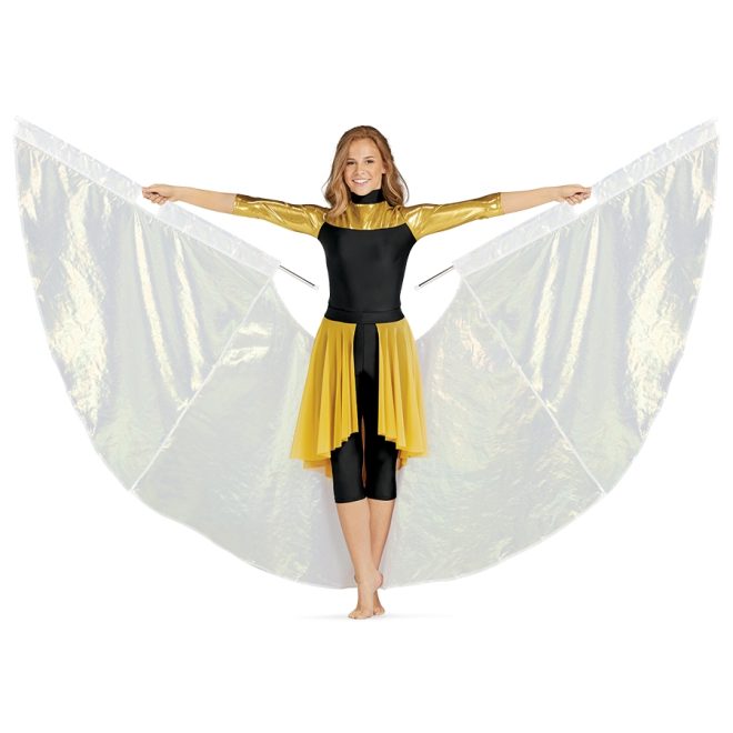 ultralite swing flagpoles holding shimmering white flag behind performer like wings. performer wearing gold and black uniform