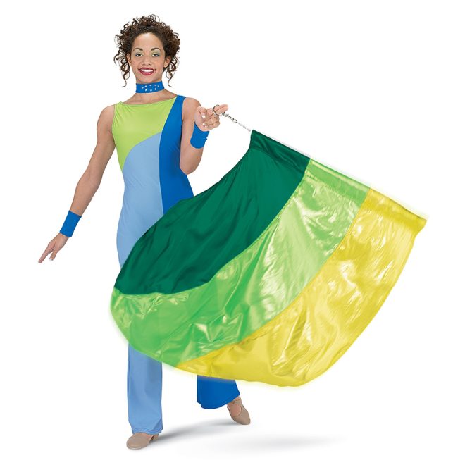 swing flag chain kit attached to green, lime, and yellow flag being swung by performer in custom green and blues uniform