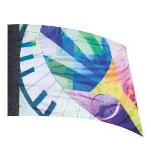 color guard flag with a colorful abstract music design with black and white piano keys and gold colored trumpet