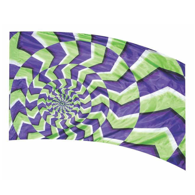 color guard flag with a Purple, Green, Black, and White circle optical illusion design