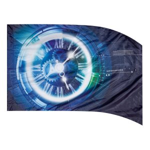 color guard flag with a Digital clockwork illustration in Blues, Whites, and Greens