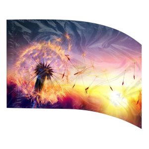 color guard flag with Dandelion seeds blowing over a bright sunset background
