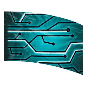 color guard flag with a Teal, Black, and White circuit board design