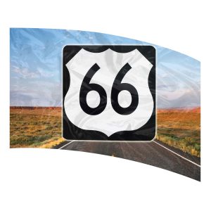 color guard flag with a Route 66 sign over an open road background