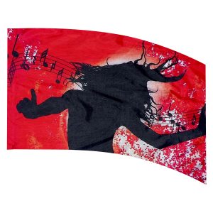 color guard flag with a Silhouetted figure dancing with music notes over a Red background