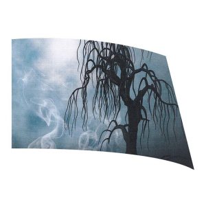 color guard flag with a Spooky Black willow tree on a smokey Blue background