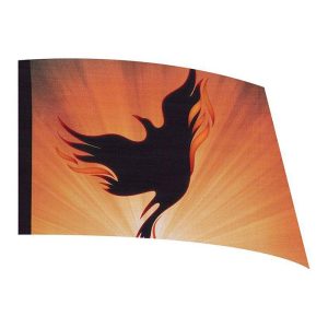 color guard flag with a Black flame dove design on a Red sunburst background