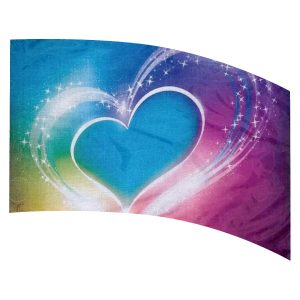color guard flag with a Heart design with stars twinkles on a rainbow background