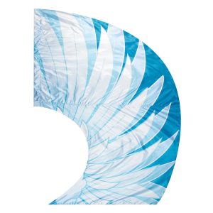color guard swing flag with a Angel wing feather design in White, Turquoise, and Light Blue