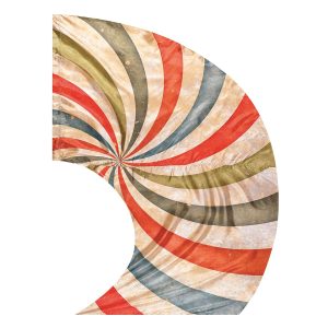 color guard swing flag with Vintage circus tent stripes in Red, Blue, Black, and Olive on an aged parchment background