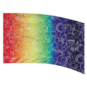 color guard flag with white swirls over rainbow background