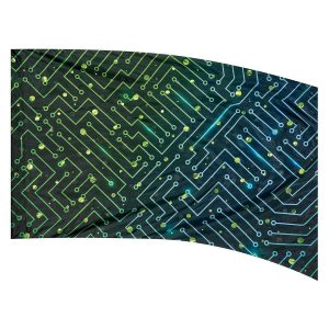 color guard flag with a Green and Blue circuit board design on a Black background with Lime Fused Metallic