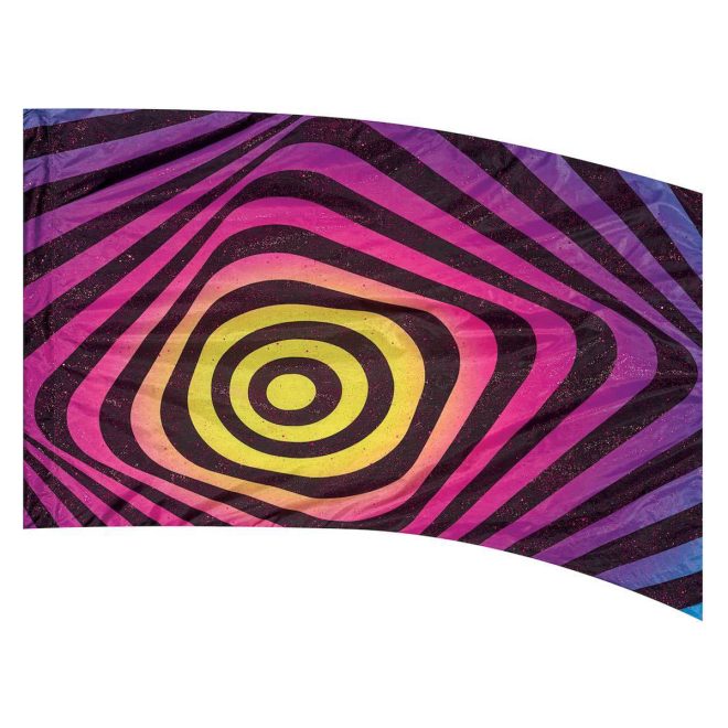 color guard flag with a Blue, Purple, Fuchsia, Yellow, and Black optical illusion design with Fuchsia Fused Metallic