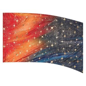 color guard flag with a Red and Blue abstract flame design on a Black background with Gold Fused Metallic