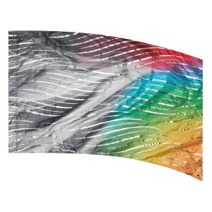 color guard flag with a Grey and White Design Fading into Color Rainbow Gradients with Silver Fused Metallic