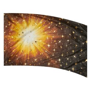 color guard flag with a Black, Orange, Yellow, and White Starburst Design with Gold Fused Metallic