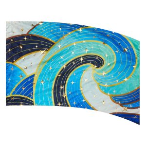 color guard flag with a Stained Glass Wave Design in Light Blue, Royal, Navy, Aqua, and Turquoise with Gold Fused Metallic