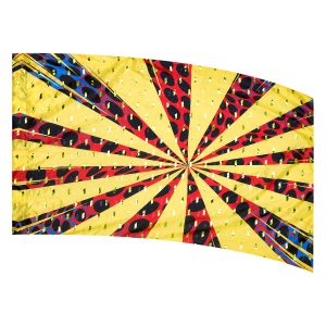 color guard flag with a Yellow Burst Design on a Red, Blue, and Black Halftone Background with Lime Fused Metallic