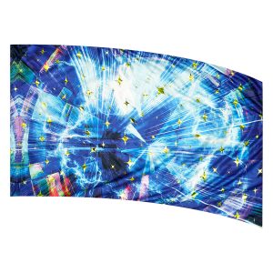 color guard flag with a Blue, Columbia, and White Digital Abstract Lightning Design with Lime Starburst Fused Metallic