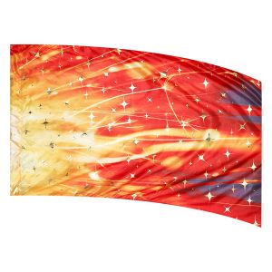 color guard flag with an Abstract Fire Design in Blue, Red, Orange, Yellow and White with Gold Starburst Fused Metallic