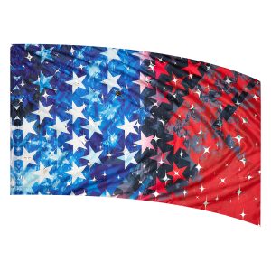 color guard flag with a Grunge Star Design in Red, Black, Blue, and White with Silver Starburst Fused Metallic