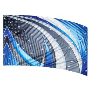 color guard flag with an abstract Digital Design in Blues, Whites, and Greys with Silver Dot Fused Metallic