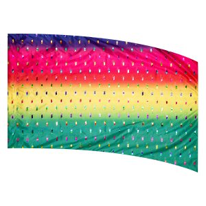 color guard flag with a Purple, Hot Pink, Orange, Yellow, and Green Gradient Fade with Rainbow Fused Metallic