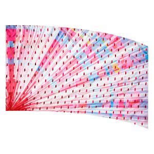 color guard flag with a Hot Pink Burst Design on a Blue, Yellow, Pink, and White Background with Red Fused Metallic