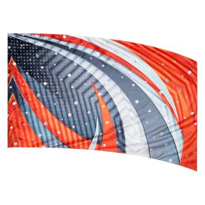 color guard flag with an Abstract Digital Design in Oranges, Whites, and Greys with Silver Dot Fused Metallic