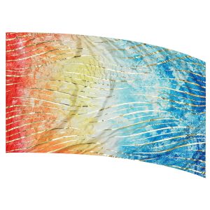 color guard flag with a Red, Orange, Yellow, Turquoise, Blue, and White Grunge Ombre Gradient Design with Gold Wave Fused Metallic