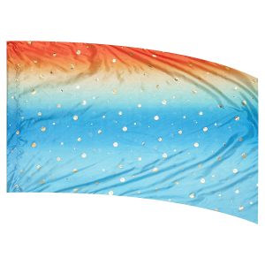 color guard flag with an Orange, Ivory, Turquoise, and Blue Ombre Gradient Fade with Silver Dot Fused Metallic