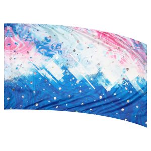 color guard flag with an Abstract wave design with geometric shapes across the center in White, Pinks, and Blues with Silver Dot Fused Metallic