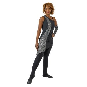 Model posing in a sleeveless black asymmetric tunic with a silver sequin stripe along the right front, front view