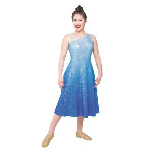 a color guard member in a sleeveless sequin dresses in royal ombre, three-quarter front view