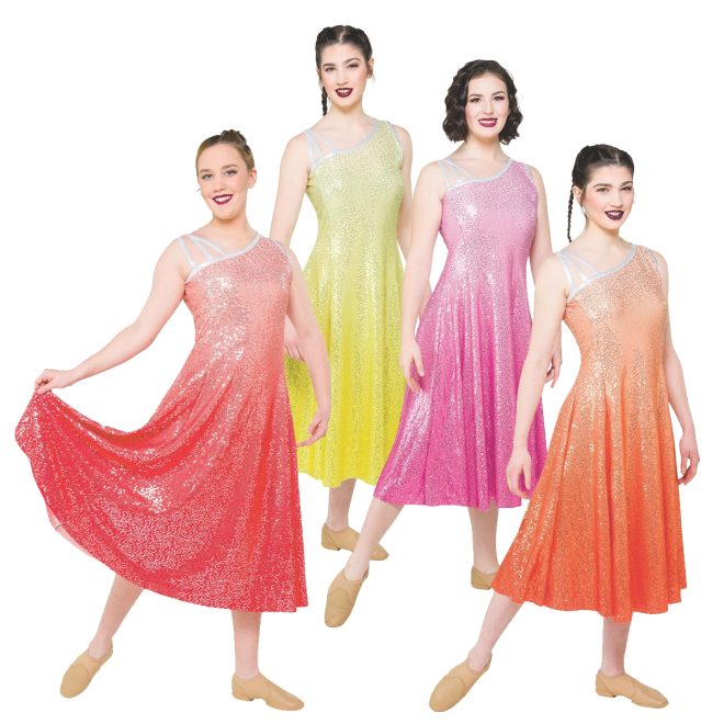 four color guard members in sleeveless sequin dresses in red ombre, yellow ombre, pink ombre, and orange ombre, three-quarter front view