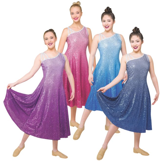 four color guard members in sleeveless sequin dresses in Purple ombre, wine ombre, turquoise ombre, and navy ombre, three-quarter front view