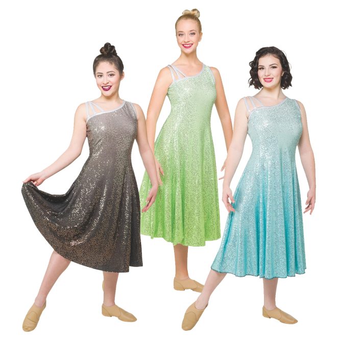 three color guard members in sleeveless sequin dresses in black ombre, green ombre, and seafoam ombre, three-quarter front view