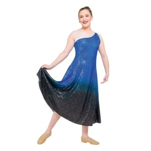 color guard member in a sleeveless sequin dress in royal to black ombre gradient, three-quarter front view