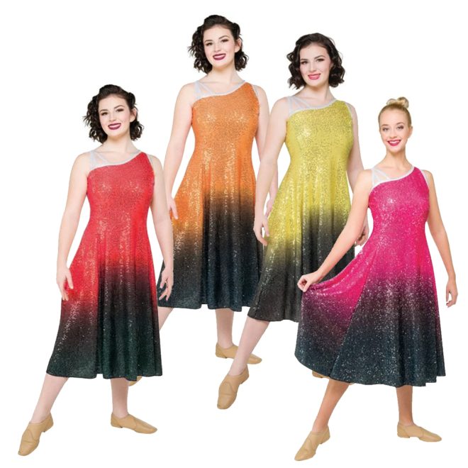 four color guard members in a sleeveless sequin dresses in Red to black, orange to black, yellow to black, and pink to black ombre gradient, three-quarter front view