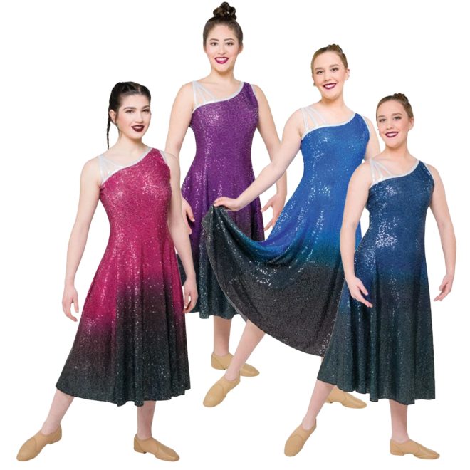 four color guard members in a sleeveless sequin dresses in wine to black, purple to black, royal to black, and navy to black ombre gradient, three-quarter front view