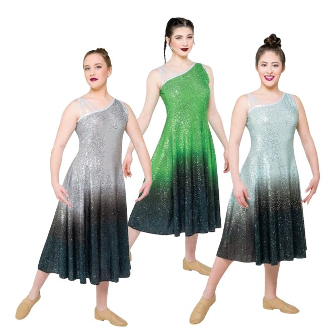 three color guard members in a sleeveless sequin dresses in grey to black, kelly to black, and seafoam to black ombre gradient, three-quarter front view