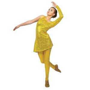 female color guard member in a yellow sequin single sleeve sequin asymmetrical tunic and matching metallic leggings, front three-quarter views