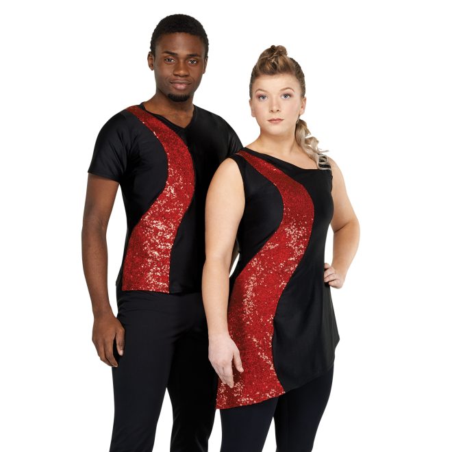 male and female model wearing black color guard tops with red sequin, front view