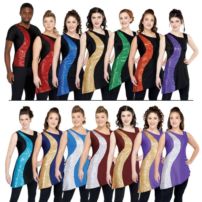 14 colorways of the pose color guard tunic with models in two rows