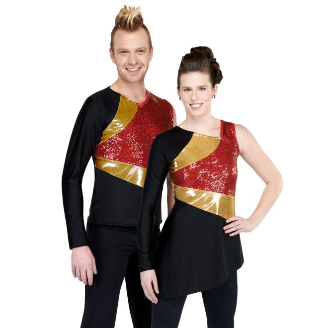 male and female model wearing black color guard tops with red sequins and gold metallic stripes, front view