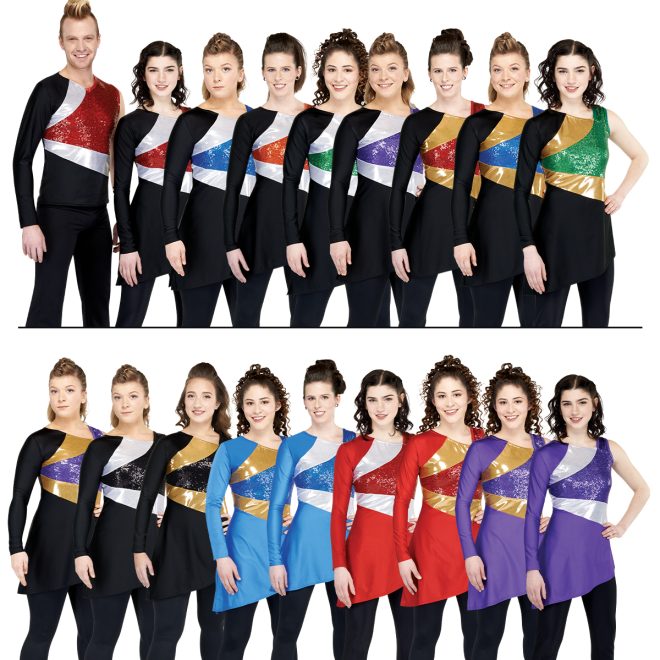 18 colorways of the sleeveless plex color guard tunic with models in two rows