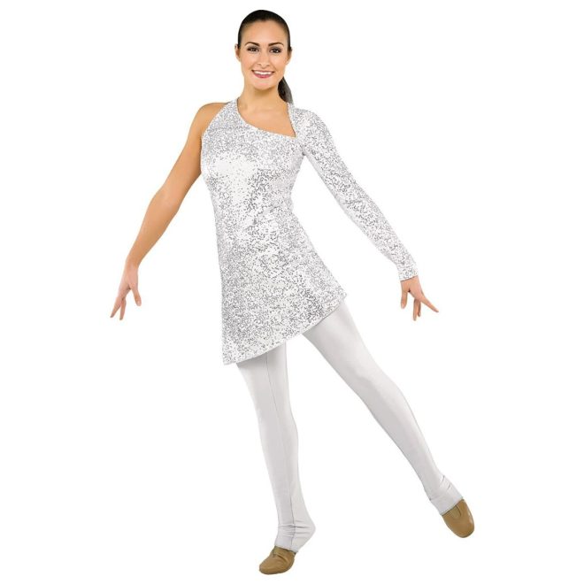 female color guard member in a white with silver sequin single sleeve sequin asymmetrical tunic and matching metallic leggings, front three-quarter views