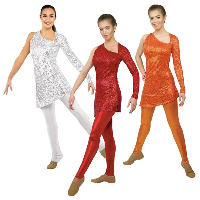 three female color guard members in sequin single sleeve sequin asymmetrical tunics and matching metallic leggings, front three-quarter views