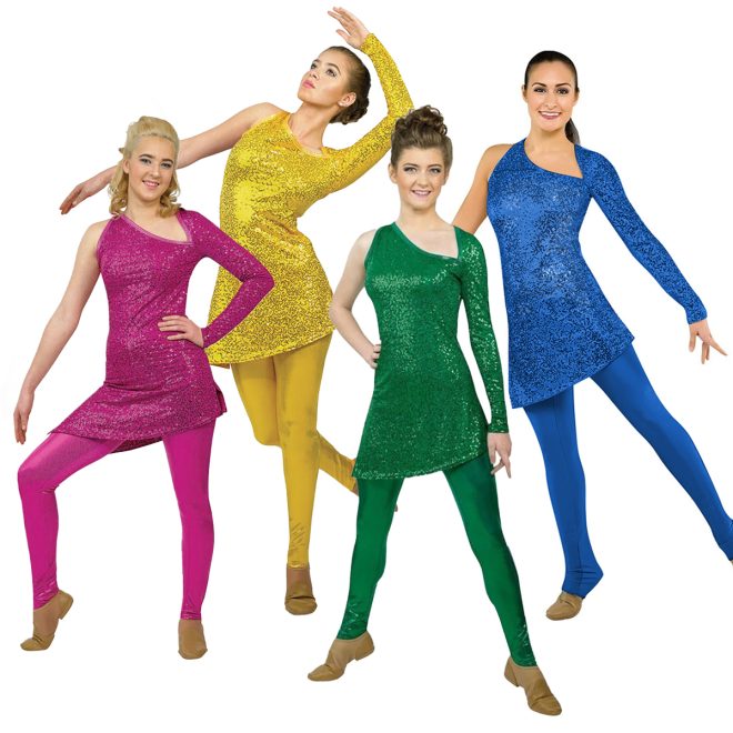 four female color guard members in sequin single sleeve sequin asymmetrical tunics and matching metallic leggings, front three-quarter views