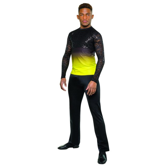 male color guard member in a long sleeve tunics, black lace bodice and ombre black to blue bottom, front three-quarter view